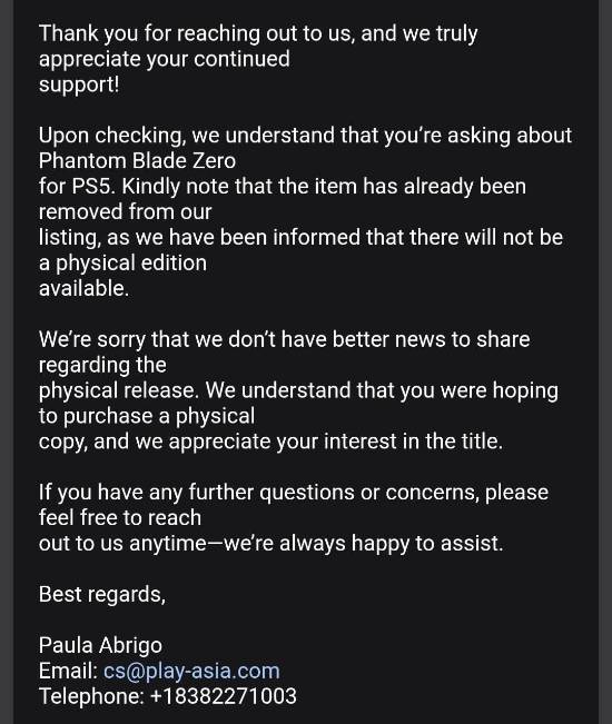 又一玩家收到厂商邮件,确认《影之刃零》不会推出实体版!